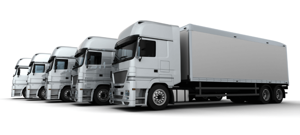 Rząd białych ciężarówek gotowych do punktualnej dostawy przez firmę Sway.
