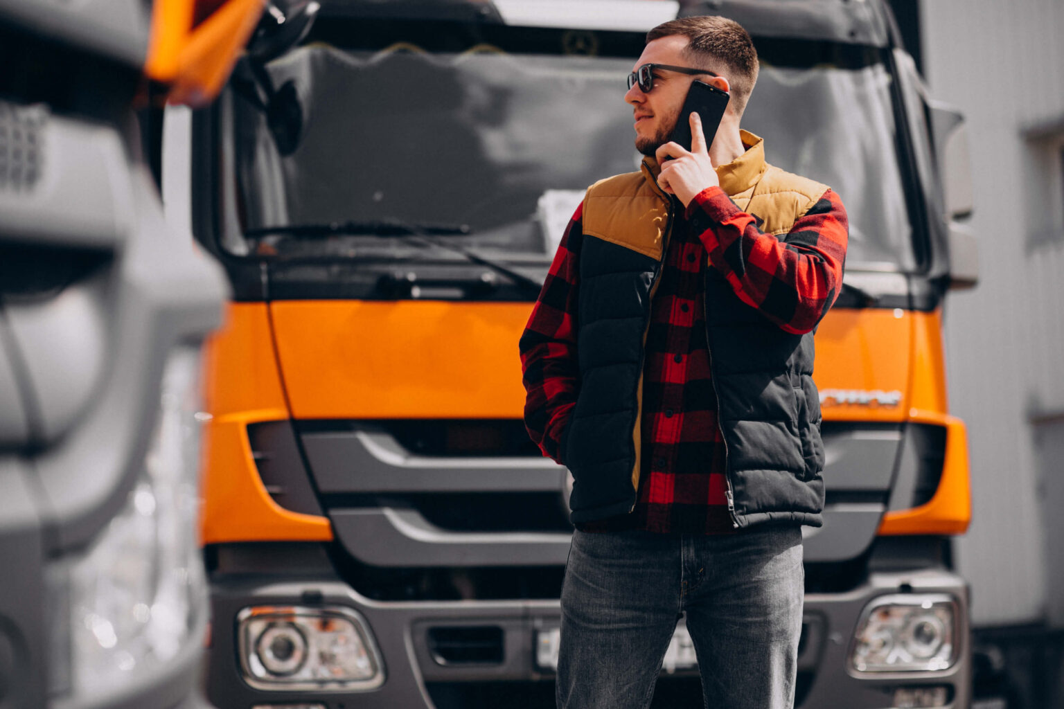 Kierowca ciężarówki firmy Sway, z uprawnieniami ADR, rozmawia przez telefon przed ciężarówką, symbolizując profesjonalizm w logistyce i transporcie towarów.