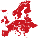 Czerwony kontur mapy Europy, reprezentujący usługi transportu międzynarodowego firmy Sway.